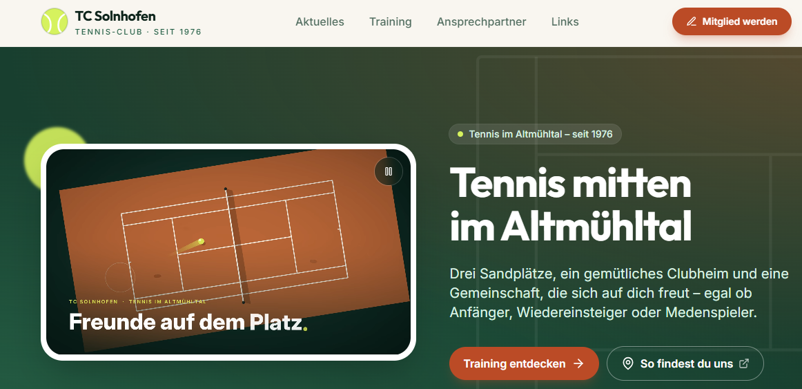 Screenshot der neuen Webseite des TC Solnhofen
